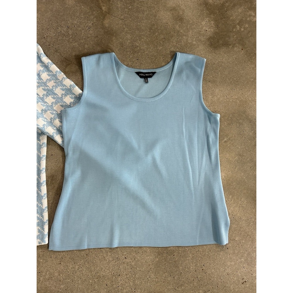 MING WANG Jacket Houndstooth Knit Sky Baby Blue Black White & Tank SZ L - Picture 2 of 13